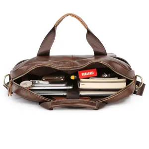 Detailed view of the large capacity genuine leather business briefcase interior storage.
