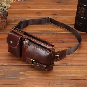 Sac banane vintage en cuir pour hommes, sac de poitrine multifonctionnel pour le sport en plein air.