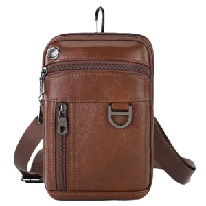 Heren bruin lederen heuptas crossbody borsttas multifunctionele telefoon zak hoofdfoto