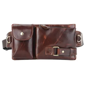Sac banane de poitrine multifonctionnel d'exterieur en cuir veritable pour hommes marron