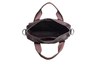 Detailed top view of brown leather men briefcase interior with multiple zipper compartments.