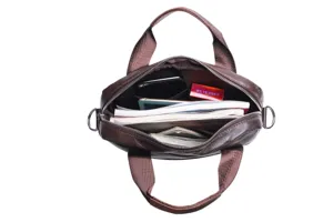 Top-layer cowhide men leather briefcase detail, showing spacious interior pockets.