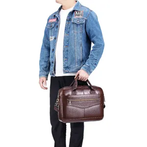 Classic brown leather business briefcase for men, large capacity handbag for daily work.