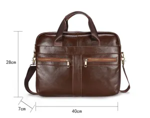 Genuine leather mens business briefcase brown shoulder messenger laptop bag 40x28cm