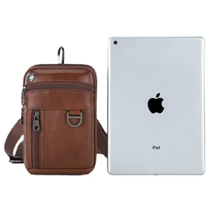 Heren bruine lederen heuptas multi-pocket kleine schoudertas crossbody tas met iPad