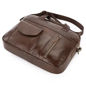 Men's leather briefcase vintage business messenger bag large capacity travel shoulder bag detail.
