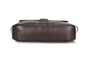 Close-up of dark brown genuine leather men briefcase bottom structure and metal hardware details.