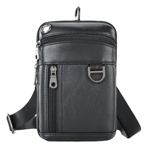 Heren echt lederen heuptas telefoon tasje crossbody schoudertas sport borsttas zwart
