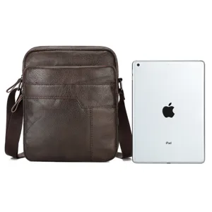 Men's genuine leather vertical shoulder bag brown business casual crossbody bag for outdoor