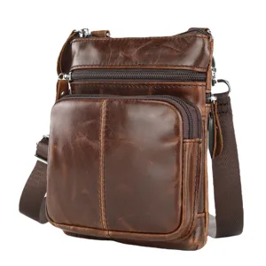 Men genuine leather cross body bag vintage shoulder messenger bag with multi zip pockets