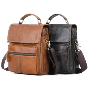 Men genuine leather vintage messenger bag casual crossbody shoulder bag with multiple pockets