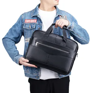 Detailed view of black leather business briefcase, premium texture and durable handle design.