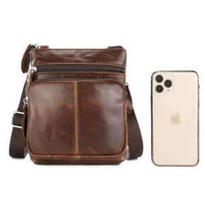 Men's Genuine Leather Crossbody Bag Vintage Brown Shoulder Bag Multi-Pocket Casual Messenger Bag