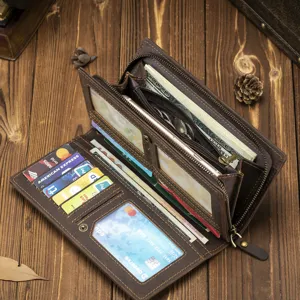 Men's genuine leather long wallet, vintage crazy horse leather zip purse with card slots and coin pocket.