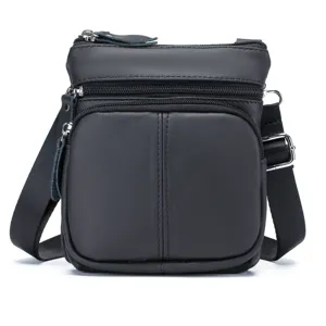 Men black leather messenger cross body bag with multiple zipper pockets for daily use