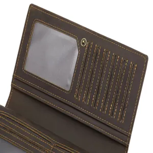 Men's genuine leather long wallet interior detail with multiple card slots and ID window.