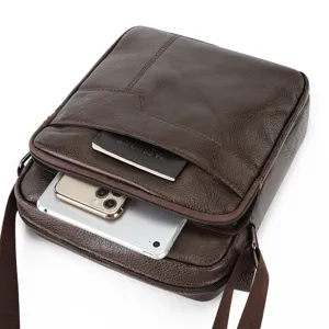 Men's genuine leather shoulder bag outdoor travel crossbody bag with multiple zipper compartments.