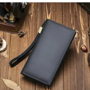 Detailed view of a sleek black leather long wallet clutch with a handy wrist strap.