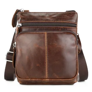 Men's genuine leather crossbody bag detail, vintage brown cowhide shoulder bag with multi pockets.