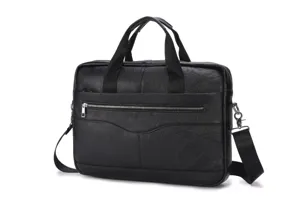 Premium black leather mens briefcase with shoulder strap, detailed zipper and metal hardware.