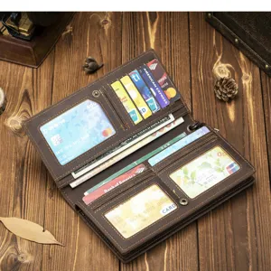 Men's leather long wallet detail view showcasing multiple card slots and cash compartments.