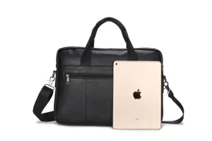 Classic black leather men business briefcase laptop bag with handle and shoulder strap.