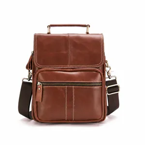 Men Genuine Leather Crossbody Bag Vintage Business Casual Shoulder Bag Top Layer Cowhide Messenger Bag with Multiple Pockets