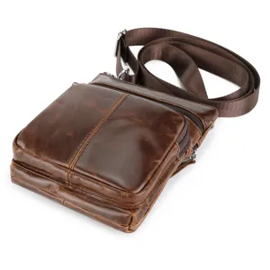 Genuine leather men's crossbody shoulder bag, vintage brown cowhide daily casual travel pack.