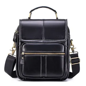 Men's genuine leather messenger bag, premium black casual crossbody shoulder bag for men.