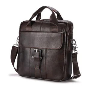 Men genuine leather briefcase casual shoulder messenger bag brown top layer cowhide handbag