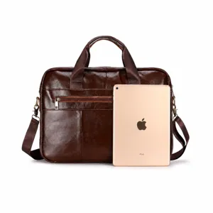 Men genuine leather briefcase vintage business laptop shoulder bag large capacity messenger bag