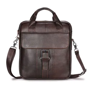 Genuine leather men briefcase vintage brown messenger bag casual shoulder handbag.
