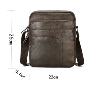 Men's genuine leather shoulder bag detail view showing compact structure and size.