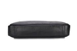 Detailed bottom view of black leather men's business briefcase, premium texture design.