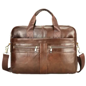 Brown leather mens briefcase business shoulder bag with top handles and zipper pockets.
