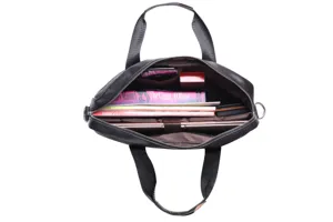 Men genuine leather business briefcase detail shot, large capacity laptop handbag interior.