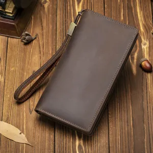 Men Genuine Leather Crazy Horse Long Wallet Business Zipper Clutch Bag Large Capacity Multifunctional Wrist Purse