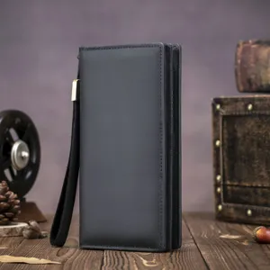 Men's black leather long wallet clutch bag with wrist strap and zipper for business daily use.