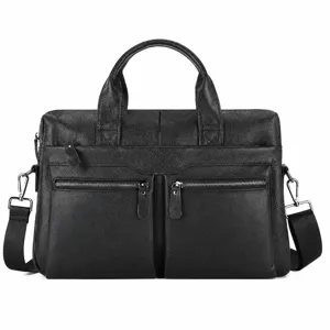 Schwarze Aktentasche aus echtem Leder für Herren, Business Laptoptasche mit Tragegriffen.