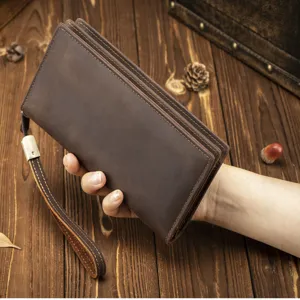 Men vintage leather long wallet zipper clutch bag business casual wrist strap purse dark brown