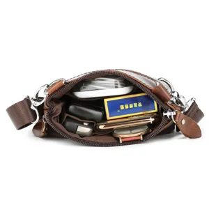 Detailed view of men genuine leather crossbody bag interior capacity and multi compartments.