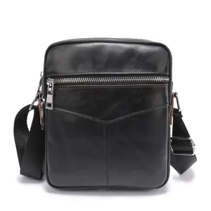 Men leather crossbody bag black casual single shoulder bag multi pocket design durable daily