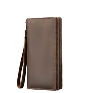 Men's genuine crazy horse leather long wallet, business zipper clutch bag with wrist strap.