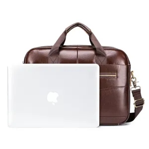 Premium brown leather business briefcase for men, large capacity laptop handbag with handles.