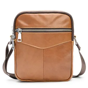 Men's brown genuine leather shoulder bag casual vintage crossbody bag for daily use and travel.