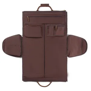 Brown leather garment bag travel suit carrier folding luggage organizer for business trips.