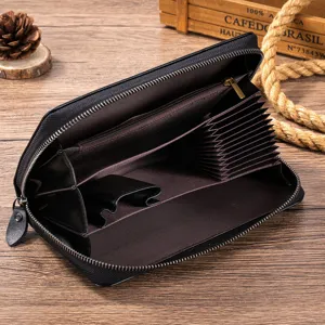 Men genuine leather long wallet black accordion card slots retro zipper clutch purse daily use