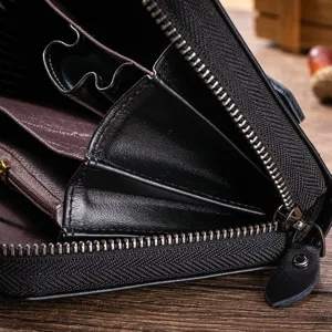 Men genuine leather long wallet black retro zipper clutch purse with multiple cards slots.