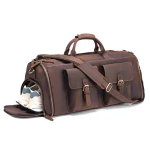Vintage genuine leather travel duffel bag with separate shoe compartment for men and women.