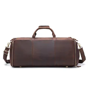 Genuine leather travel duffel bag vintage weekender bag large capacity gym luggage for men